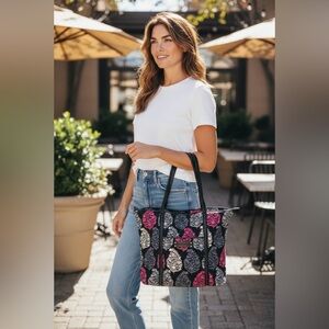 Vera Bradley Quilted Tote Bag Floral Black Pink Gray Shoulder Purse